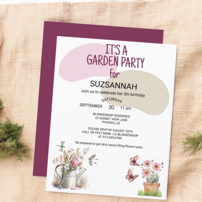 Convites Jardim Floral Borboletas Libélulas Aquarela (front and back garden party invitation template)