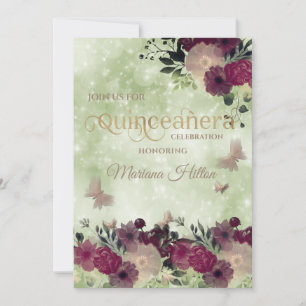 Convites Jardim floral de borboletas verdes Quinceañera
