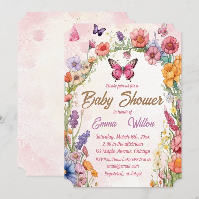 Convites Jardim Floral de Chá de fraldas de Borboleta Rosa (Frente/Verso)