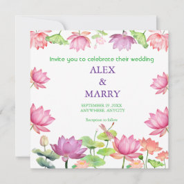 Convites Jardim Floral de Lótus Rosa em Aquarela CASAMENTO