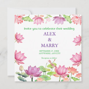 Convites Jardim Floral de Lótus Rosa em Aquarela CASAMENTO