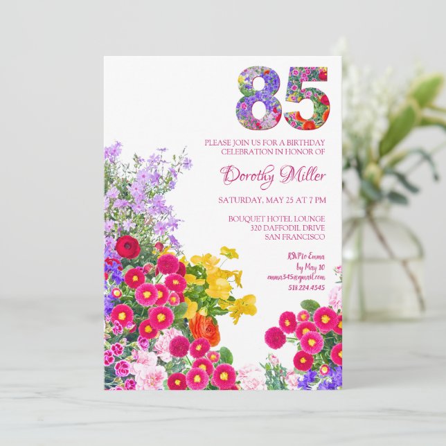 Convites Jardim Floral Elegante de 85 Anos - 85.º Aniversár (Em pé/Frente)