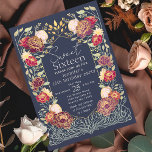 Convites Jardim Floral Encantado Doce 16 Aniversário<br><div class="desc">Celebre seu doce 16 no estilo! Nossos convites de festas de aniversários apresentam uma impressionante estrutura floral rosa e vermelha contra um fundo azul com sotaques de ouro em chic. Perfeito para uma comemoração vibrante e inesquecível! NOTA: O Dourado apresentado na design deste produto NÃO é folha de alumínio real...</div>
