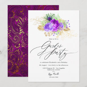 Convites Jardim Floral Roxo e Dourado Inspirado no Mardi Gr