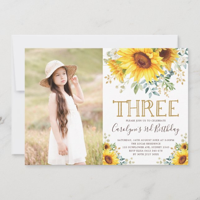 Convites Jardim Girassóis Greenery aniversário de 3 anos Fo (Frente)