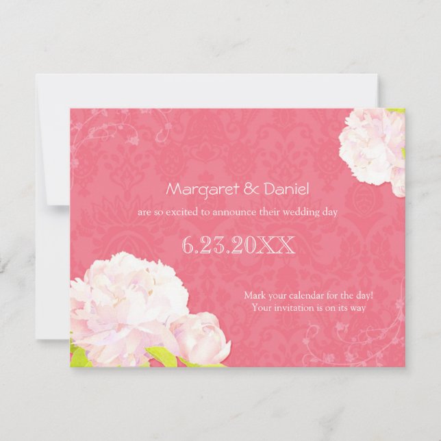 Convites Jardim Pink Peony Casamento Save the Date (Frente)