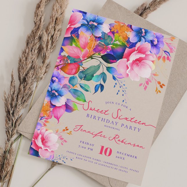 Convites Jardim Romântico Doce Floral 16 Champanhe de Anive (Romantic Garden Floral Sweet 16 Birthday Champagne Invitation)