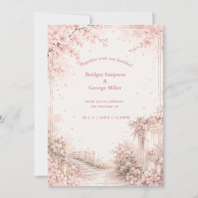 Convites Jardim Romântico Sakura Felicidade Nupcial (Frente)