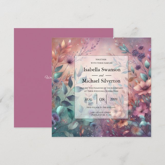 Convites Jardim Secreto em Casamento Brilhante à Noite (Frente/Verso)