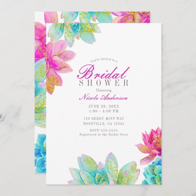 Convites Jardim Teal Rosa Brilhante Sucultiva Chá de panela (Frente/Verso)