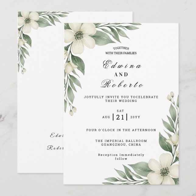 Convites Jardínia Branca Rústica e Casamento de Eucalipto (Frente/Verso)