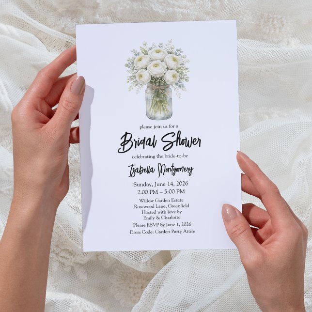 Convites Jarra de Noiva com Ranúnculo em Paleta Branca para (White Palette Ranunculus Mason Jar Bridal Shower Invitations
)
