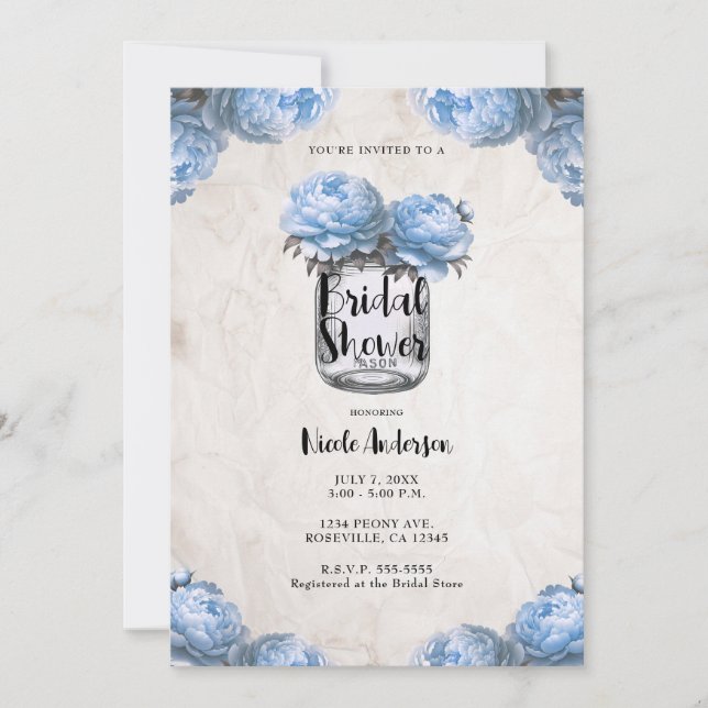 Convites Jarra de Pedra Light Blue Peony Casamento Rústico  (Frente)