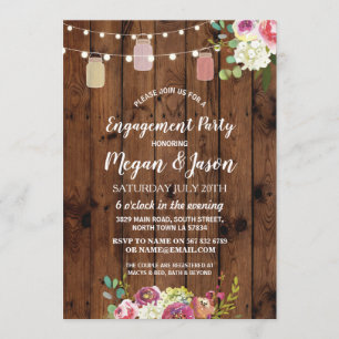 Convites Jars Festa de noivado Rustic Wood Floral Invite