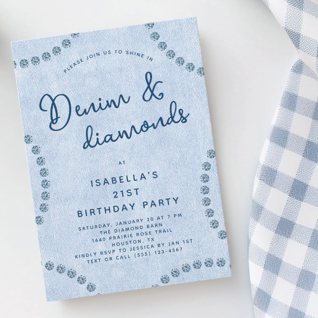 Convites Jeans azuis Denim e Festa aniversário de 21 anos d (Blue Jeans Denim and Diamonds 21st Birthday Party Invitation)