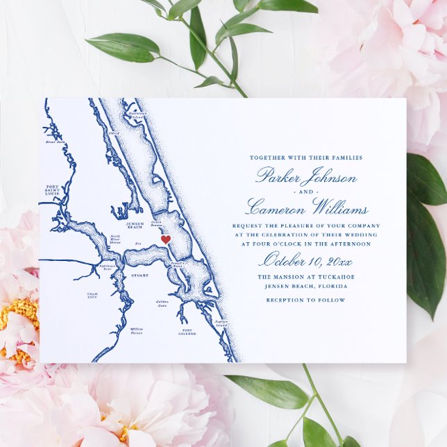 Convites Jensen Beach FL Mapa Elegante Marinho Casamento Az (Jensen Beach FL Map wedding invitation for an elegant navy blue Mansion wedding. Coastal Map Designs)