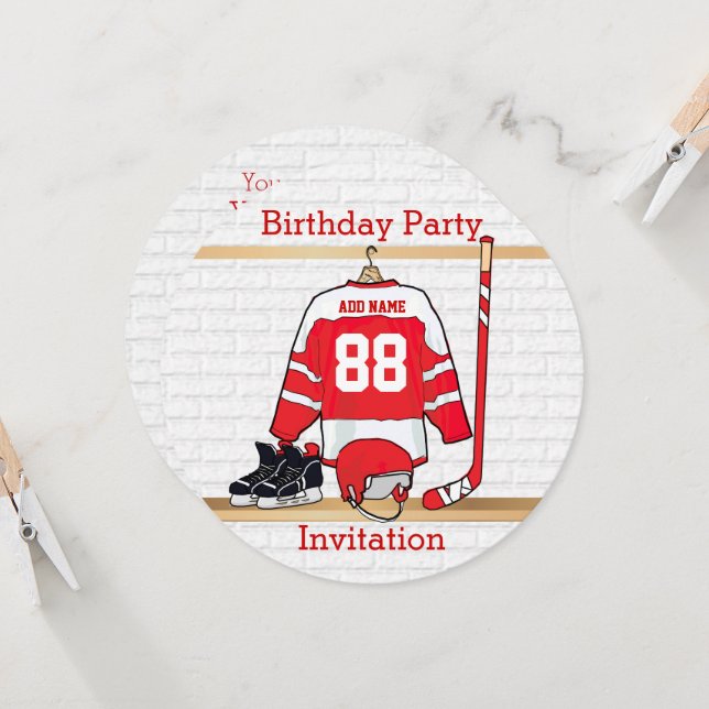 Convites Jersey de Hóquei em Gelo Personalizado, Vermelho e (Frente/Verso In Situ)