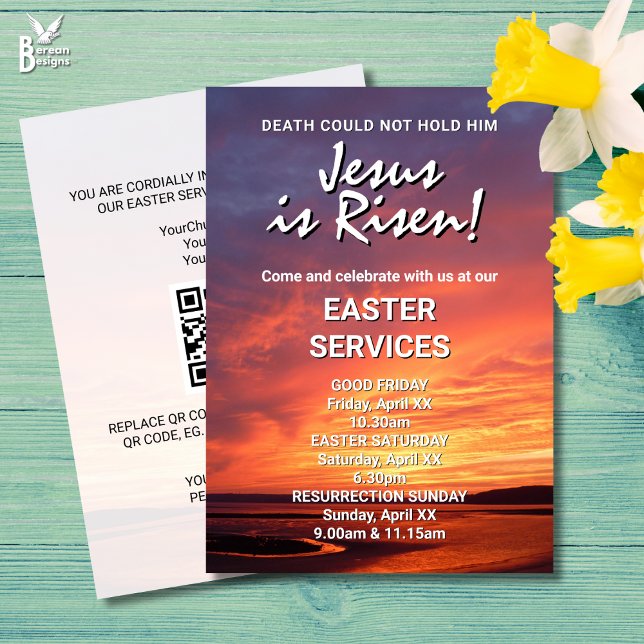 CONVITES JESUS RESSEGIU SERVIÇOS PERSONALIZADOS DE IGREJA P (JESUS IS RISEN Easter invitation for church services. All text customizable. Ideal for Christians.)