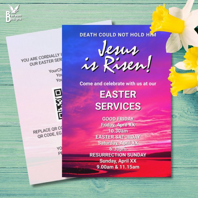 Convites JESUS RESUSCITOU Serviços Especiais de Páscoa na I (Vibrant JESUS IS RISEN invitation for Easter Church Services. All text is customizable. )