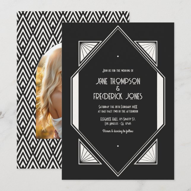 Convites Jet Black & Ivory Linen Art Deco Wedding Photo (Frente/Verso)