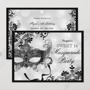 Convites Jewel Mask & Damask Silver Mascarada Sweet 16