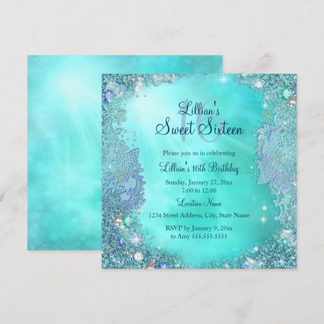 Convites Jewel Sweet 16 Festa de aniversário Teal Ocean (Frente/Verso)