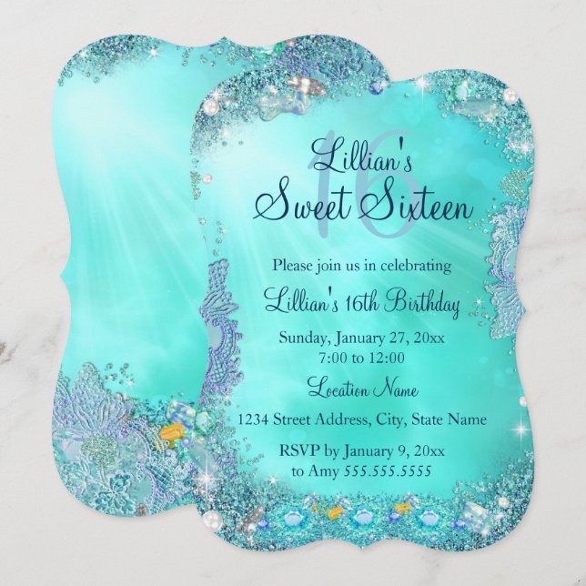 Convites Jewel Sweet Teal Ocean 16 Festa de aniversário 2 (Frente/Verso)