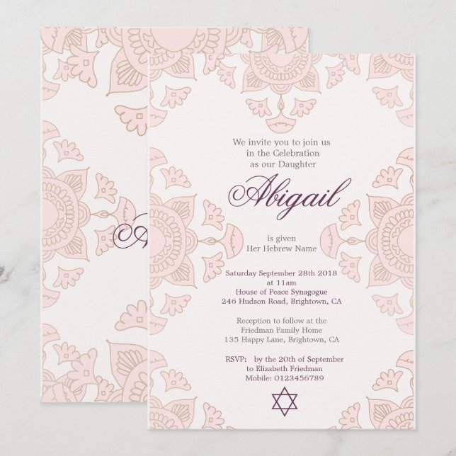 Convites JewGirl Custom Baby Naming Pink (Frente/Verso)