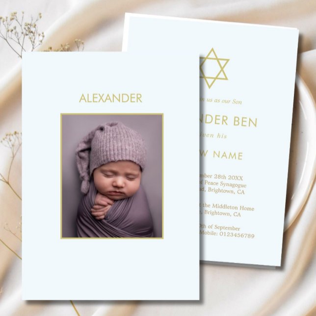 Convites Jewish Baby Naming Photo Blue Dourado Boys Religiã (Criador carregado)