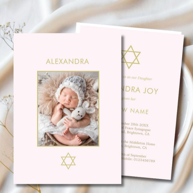 Convites Jewish Baby Naming Photo Pink Dourada Girl Religiã (Criador carregado)
