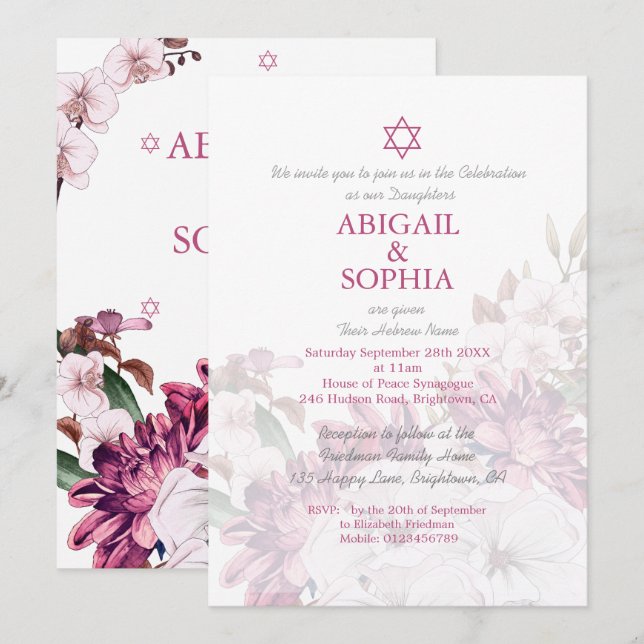 Convites Jewish Twin Girls Floral Naming Ceremony Hebraico (Frente/Verso)