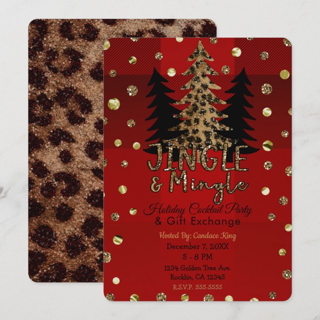 Convites Jingle e Mingle Dourado Glam Leopardo Festa de Nat (Frente/Verso)