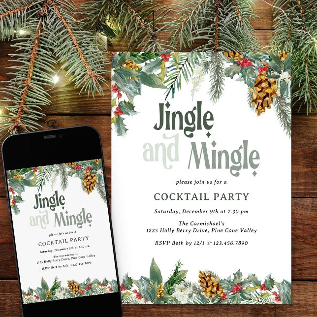 Convites Jingle e Mingle Holly Pine Coctail de Natal (Jinghle & Mingle christmas cocktail party invitation with holly and pine cones)