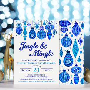 Convites Jingle & Mingle Blue Christmas Baubles Watercolor