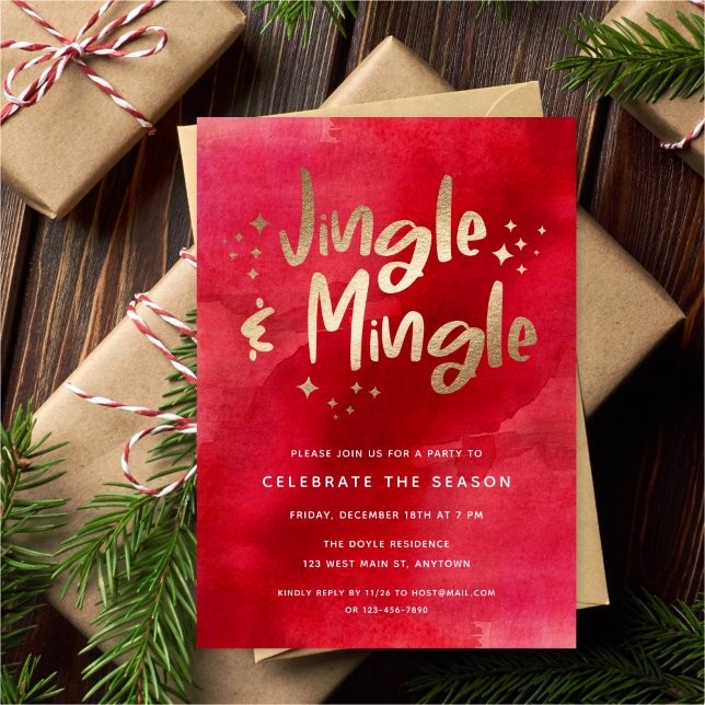 Convites Jingle & Mingle Faux Gold Foil Red | Férias (Criador carregado)