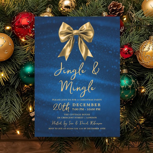 Convites Jingle Mingle Natal Dourado Arco Prata Azul  (Jingle Mingle Christmas Gold Bow Silver Blue Invitation)