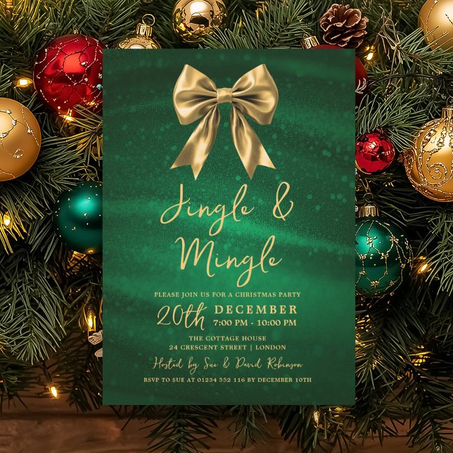 Convites Jingle Mingle Natal Dourado Arco Prata Verde (Jingle Mingle Christmas Gold Bow Silver Green Invitation)