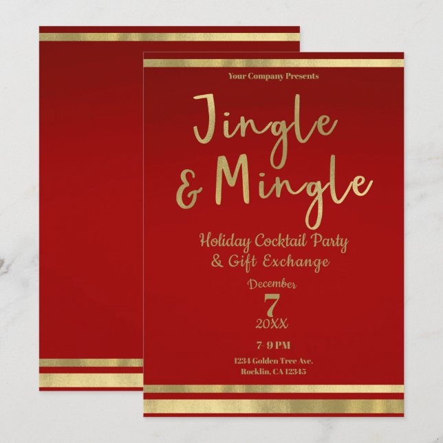 Convites Jingle & Mingle Vermelho Dourado Festa de Natal Co (Frente/Verso)