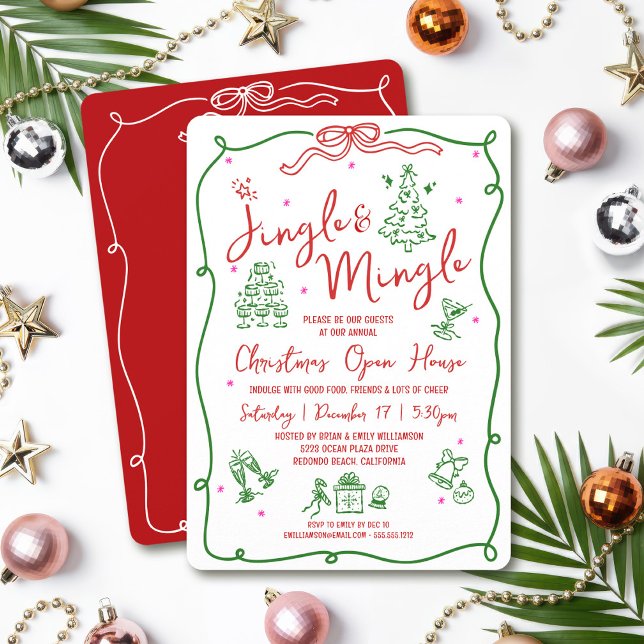 Convites Jingle Mingle Vermelho Verde Desenhos de Mão Natal (Criador carregado)