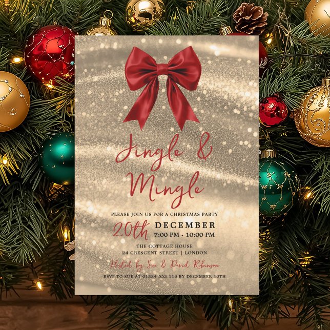 Convites Jingle & Mingle Xmas Party Gold Sparkle Red Bow  (Jingle & Mingle Xmas Party Gold Sparkle Red Bow Invitation)