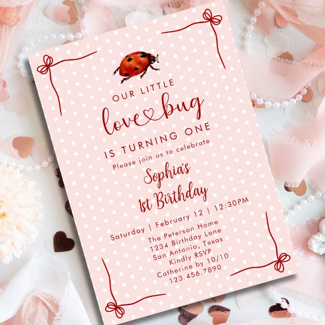 Convites Joaninha Excêntrica Amor Menina Bug 1º Aniversário (Criador carregado)