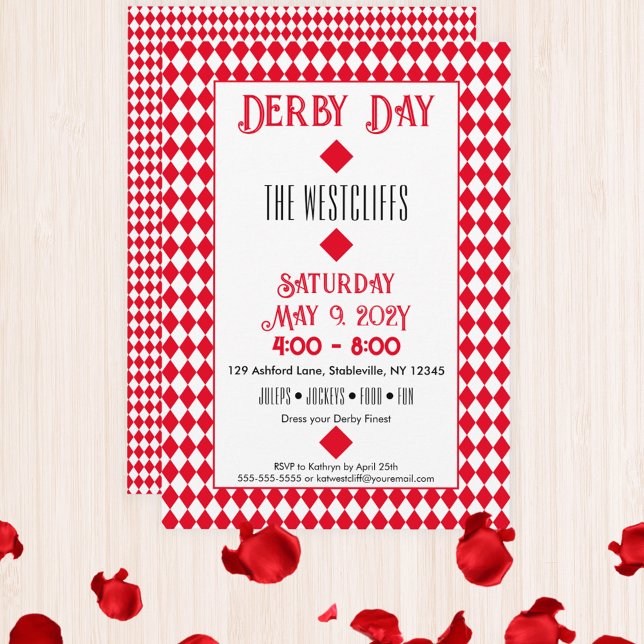 Convites Jockey Silk Diamantes Red and White Derby (Red and White Diamonds Jockey Silks Derby Horse Racing Party Invitation)