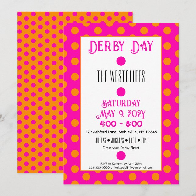 Convites Jockey Silk Dots Hot Pink e Orange Derby (Frente/Verso)