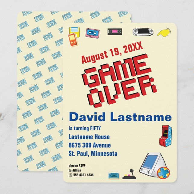 Convites Jogador de Vídeo Retro Divertido 🎮 50º aniversári (Frente/Verso)