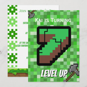 Convites Jogador Pixelado Verde Subiu de Nível Aniversário 