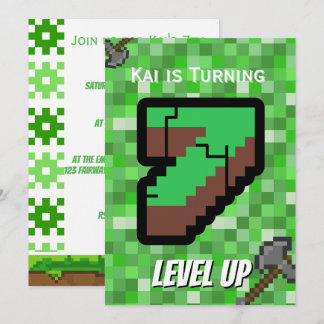 Convites Jogador Pixelado Verde Subiu de Nível Aniversário 