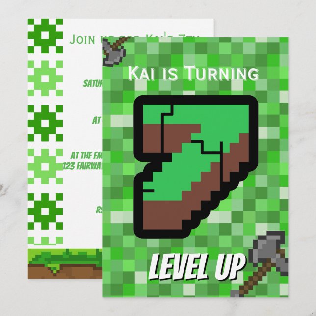 Convites Jogador Pixelado Verde Subiu de Nível Aniversário  (Frente/Verso)