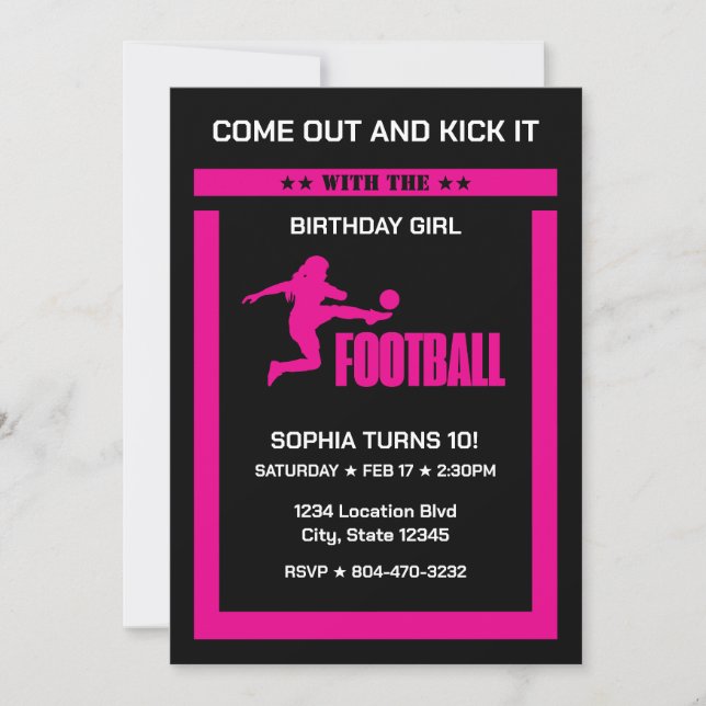 Convites Jogadora de futebol rosa, equipe de aniversários (Frente)