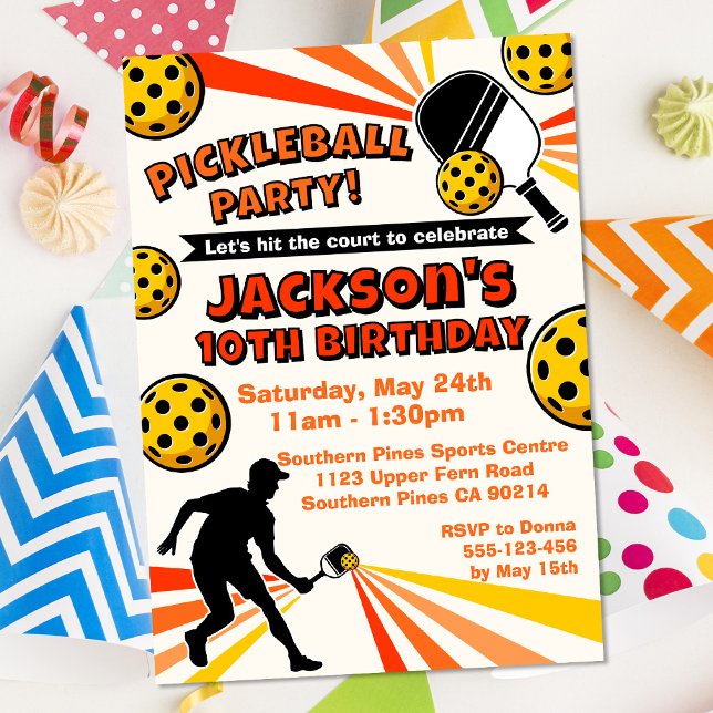 Convites Jogadores De Festa de aniversário De Pickleball Re (Pickleball Birthday Party Invitation - Orange/Yellow)