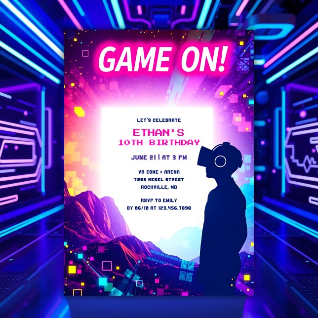 Convites Jogo Ativado para Crianças e Jogadores de Festa de (Personalized VR Birthday Party Invitation Virtual Reality Theme for Boys & Gamer Kids)